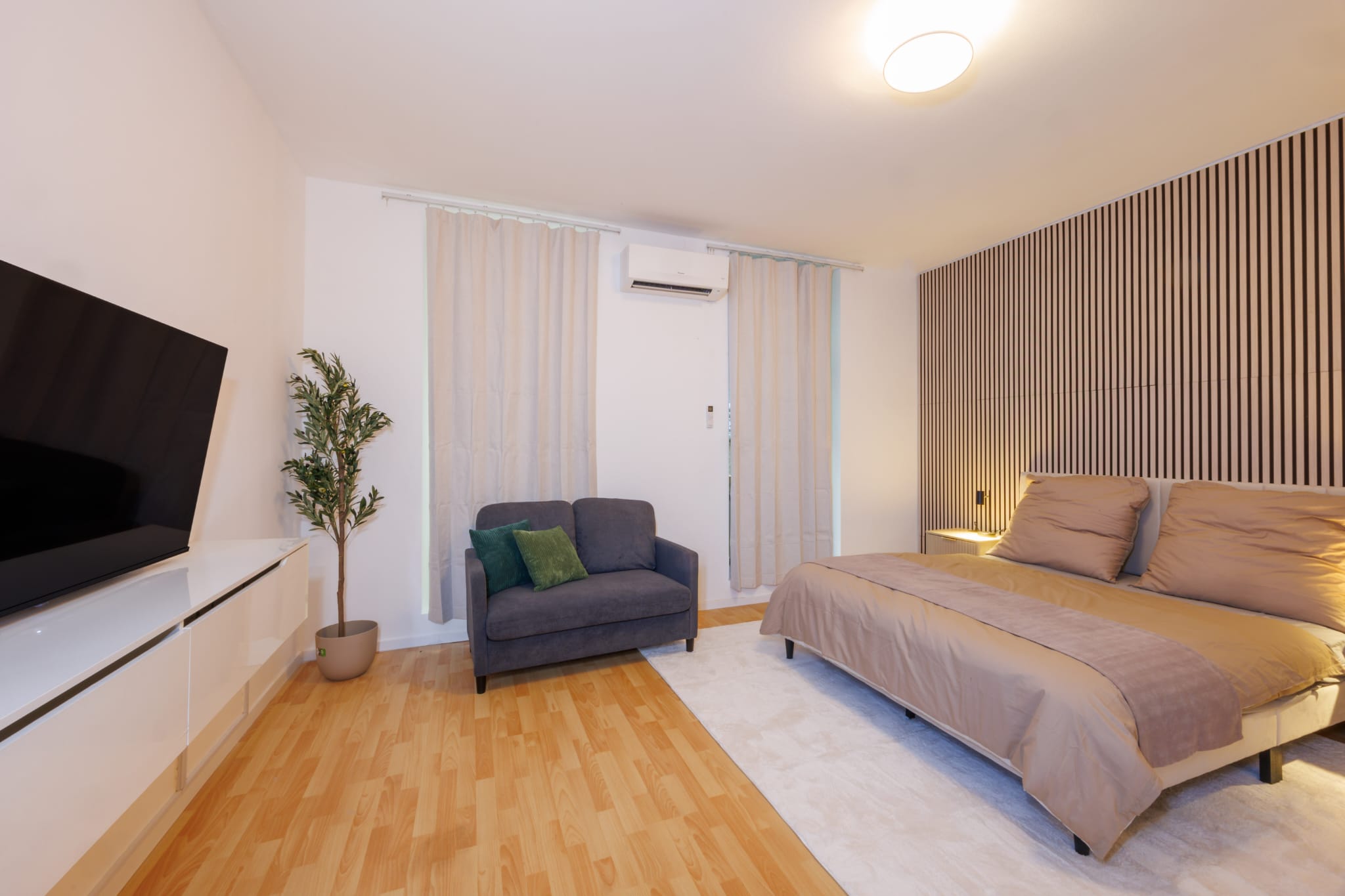 Spacious Radiant apartment bedroom with television and seating area